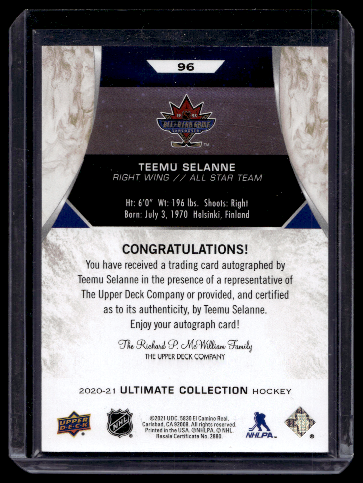 2020-21 Upper Deck Ultimate Collection - Autographs - Legend - Teemu Selanne #96