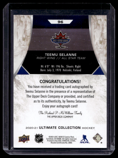 2020-21 Upper Deck Ultimate Collection - Autographs - Legend - Teemu Selanne #96