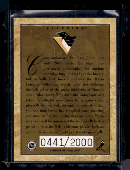 1993-94 Leaf - Mario Lemieux Collection Autograph - Mario Lemieux /2000