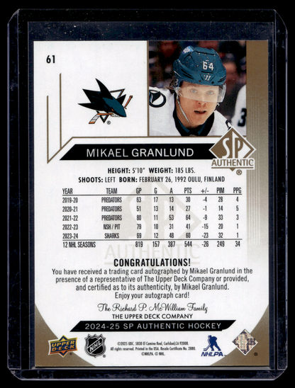 2024-25 Upper Deck SP Authentic - Limited Autographs - Mikael Granlund #61