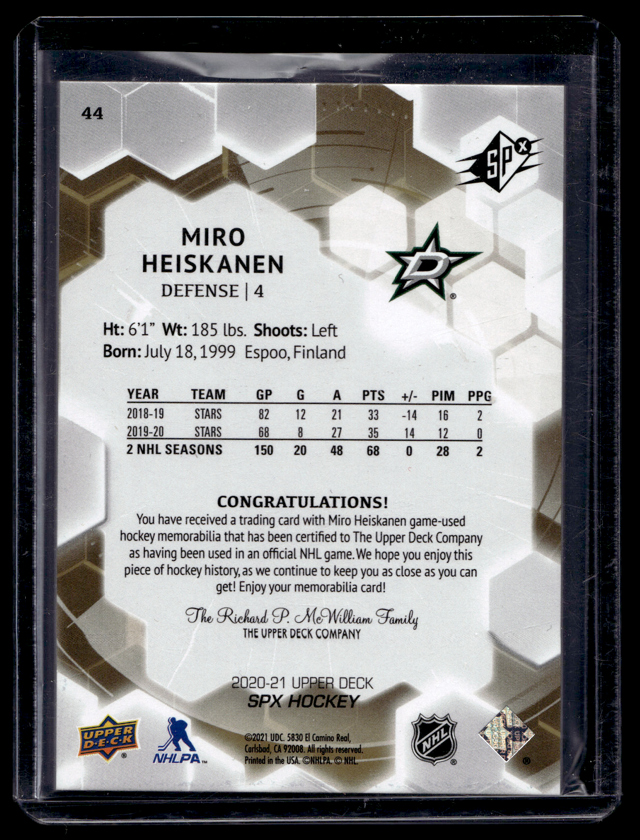 2020-21 Upper Deck SPx - Jersey - Miro Heiskanen #44
