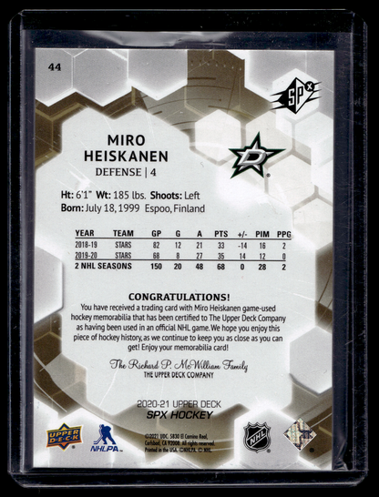 2020-21 Upper Deck SPx - Jersey - Miro Heiskanen #44