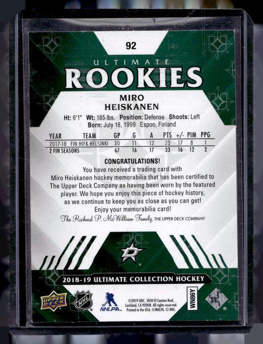 2018-19 Upper Deck Ultimate Collection - Jerseys - Ultimate Rookies - Miro Heiskanen #92 /399 RC