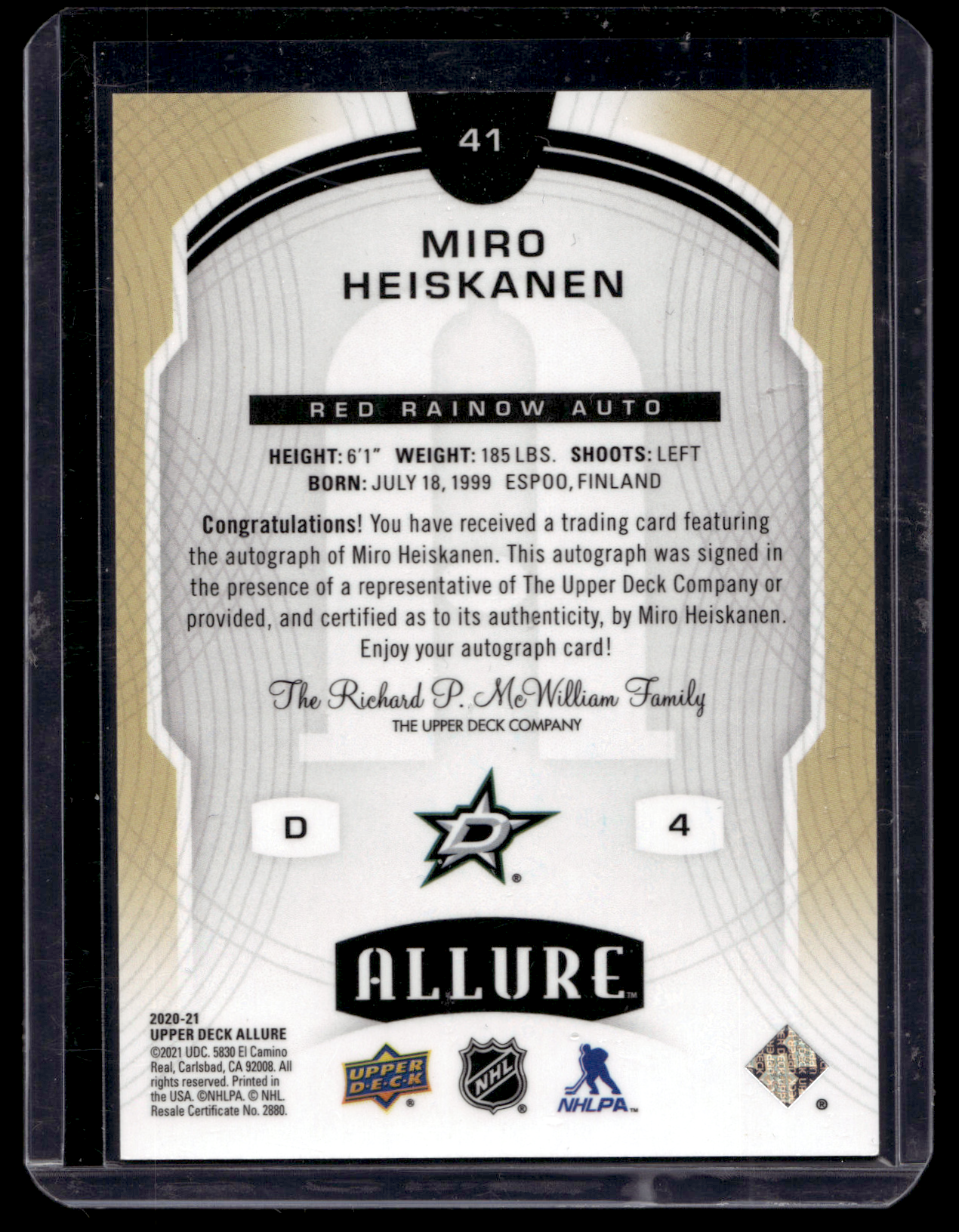 2020-21 Upper Deck Allure - Red Rainbow Autographs - Miro Heiskanen #41