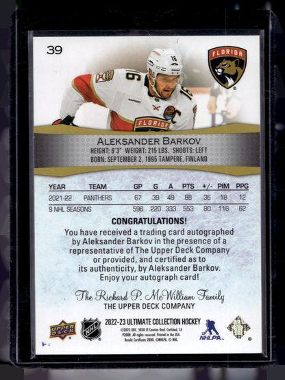 2022-23 Upper Deck Ultimate Collection - Purple Autographs - Aleksander Barkov #39 /5