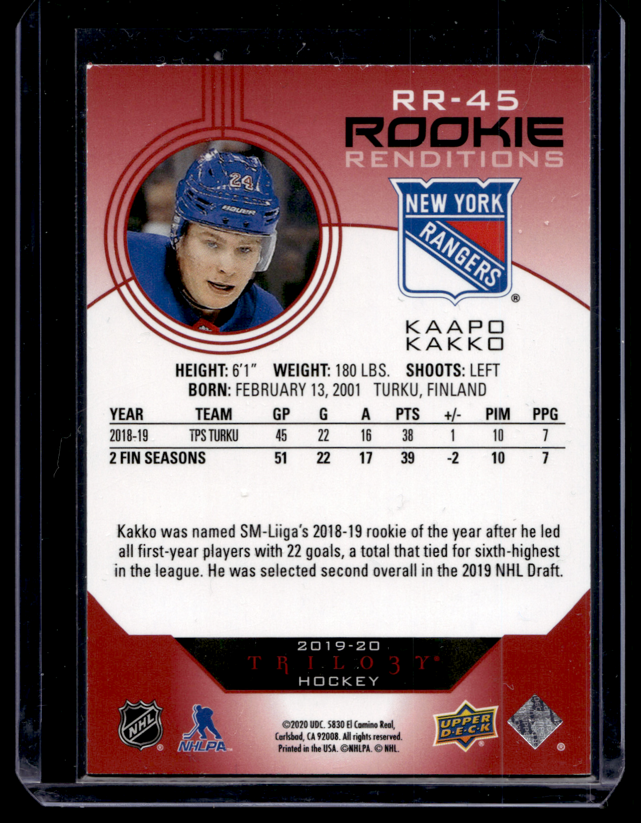 2019-20 Upper Deck Trilogy - Rookie Renditions - Red Foil - Kaapo Kakko #RR-45 /799 RY