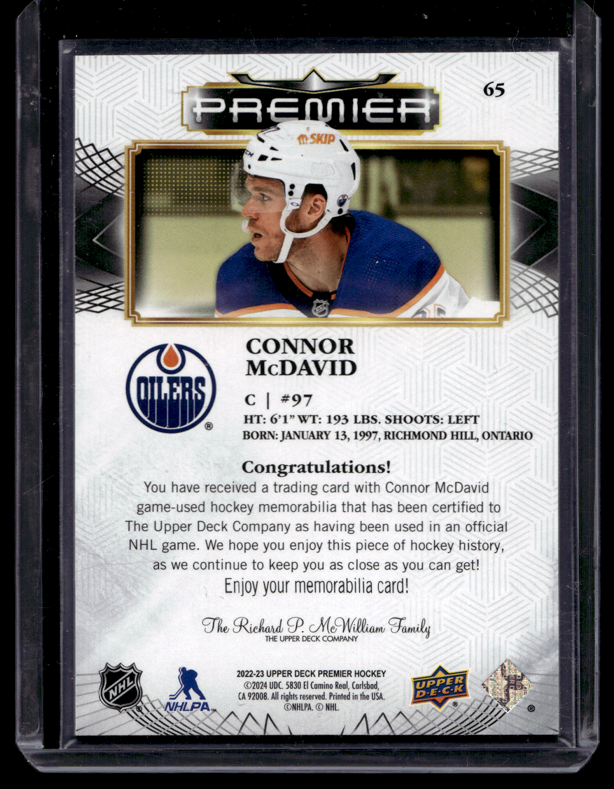 2022-23 Upper Deck Premier - Jersey - Connor McDavid #65
