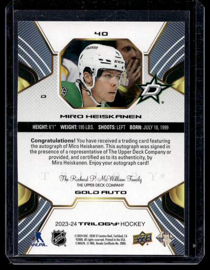 2023-24 Upper Deck Trilogy - Gold Autographs - Miro Heiskanen #40