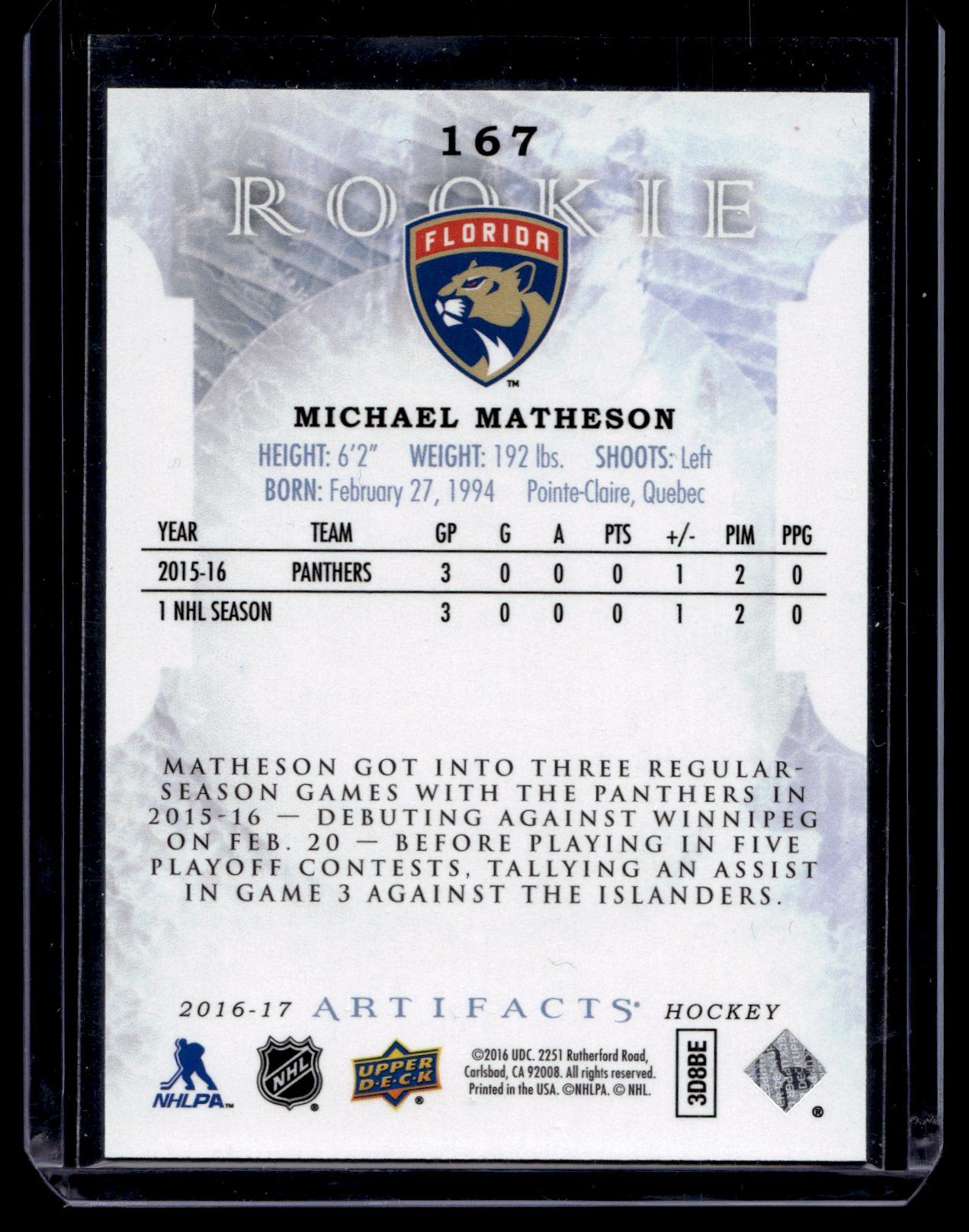 2016-17 Upper Deck Artifacts - Rookie - Michael Matheson #167 /999 RC