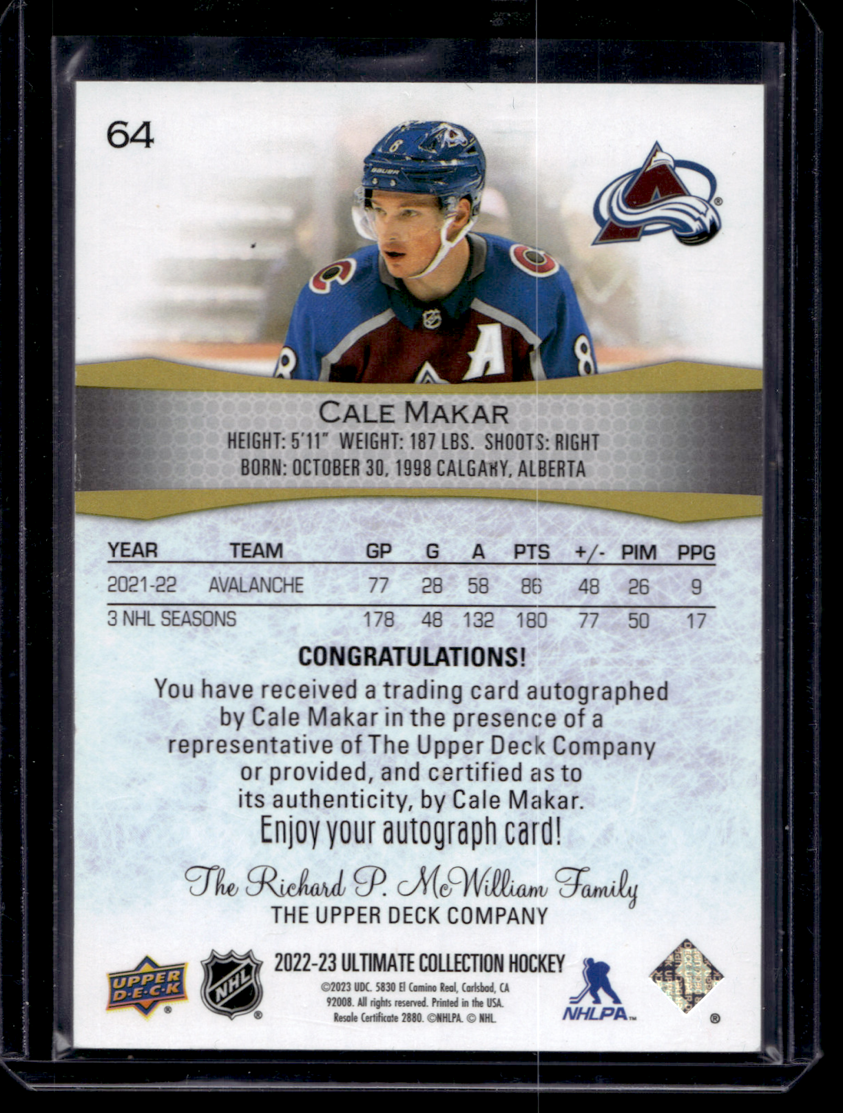 2022-23 Upper Deck Ultimate Collection - Autographs - Cale Makar #64