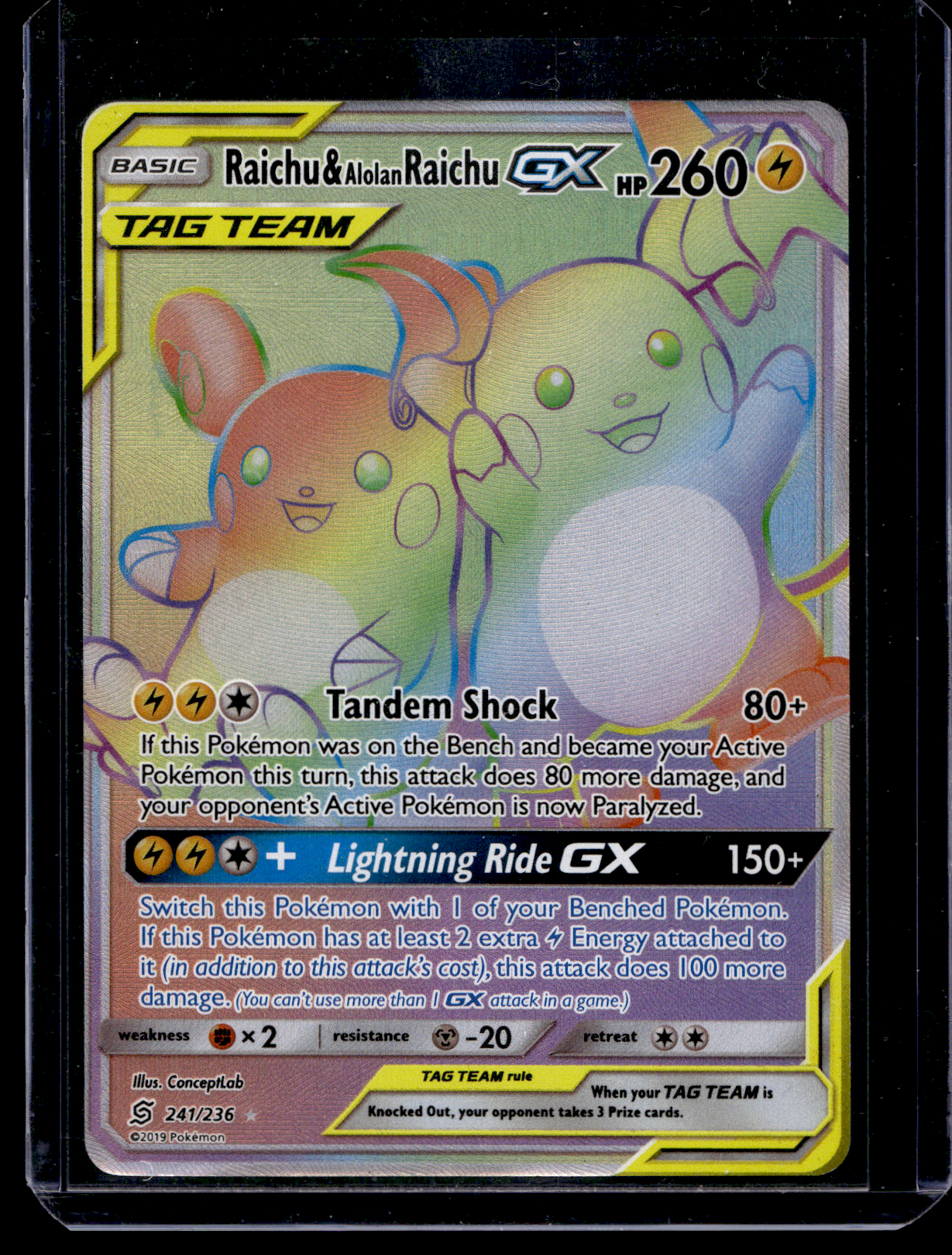 2019 Pokemon Sun & Moon - Unified Minds - Rainbow - Raichu & Alolan Raichu GX #241