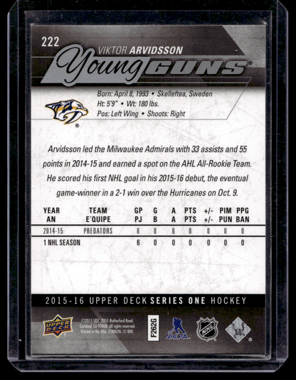 2015-16 Upper Deck Young Guns - Viktor Arvidsson #222 RC