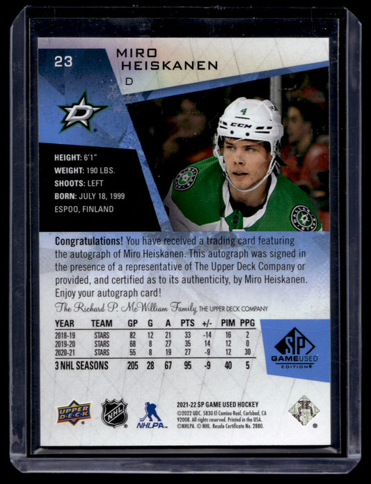 2021-22 Upper Deck SP Game Used - Blue Autographs - Miro Heiskanen #23
