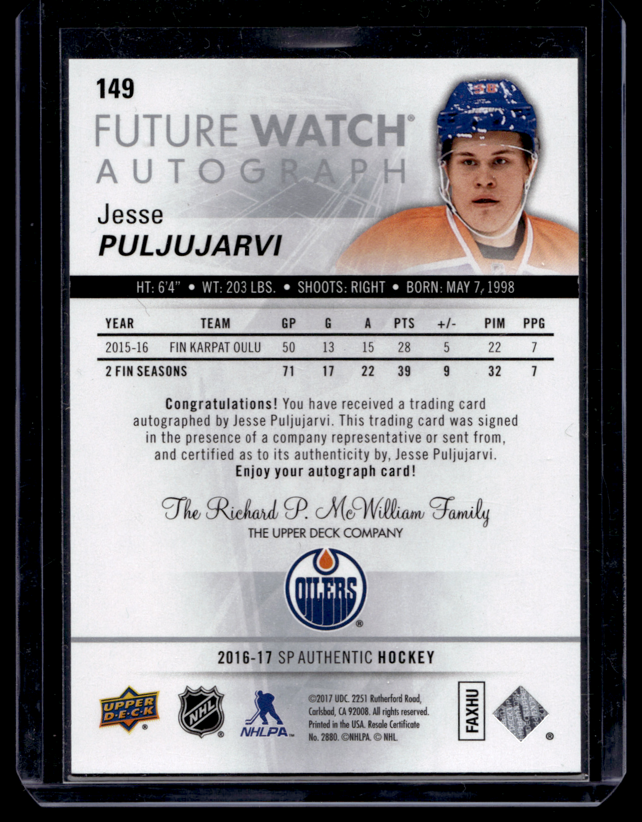 2016-17 Upper Deck SP Authentic - Future Watch Autographs - Jesse Puljujarvi #149 /999 RC