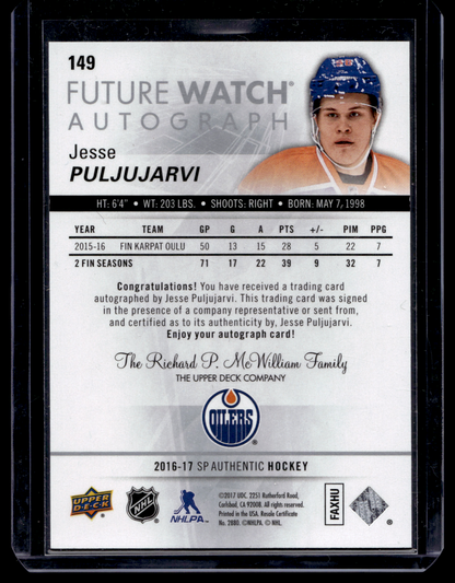 2016-17 Upper Deck SP Authentic - Future Watch Autographs - Jesse Puljujarvi #149 /999 RC