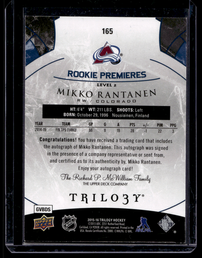 2015-16 Upper Deck Trilogy - Blue Rainbow Foil - Level 2 - Rookie Premieres Autograph - Mikko Rantanen #165 /199 RY