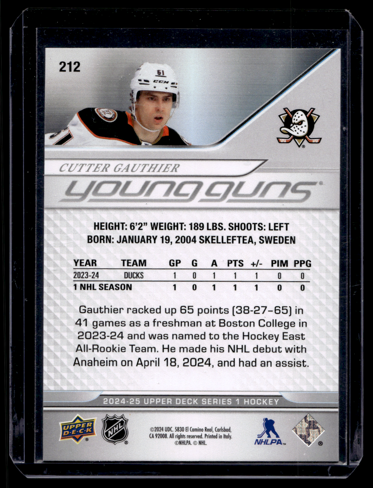 2024-25 Upper Deck Series 1 - Young Guns - Cutter Gauthier #212 RC