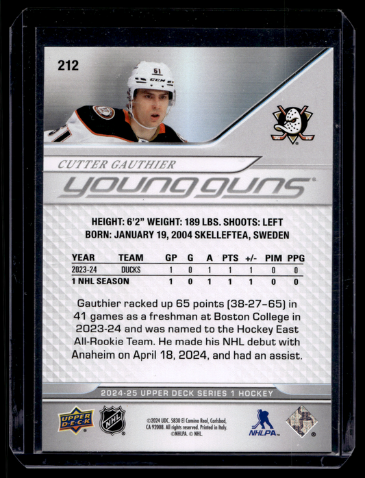 2024-25 Upper Deck Series 1 - Young Guns - Cutter Gauthier #212 RC