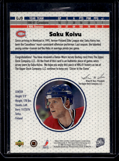1997-98 Upper Deck - Game Jersey - Saku Koivu #GJ9