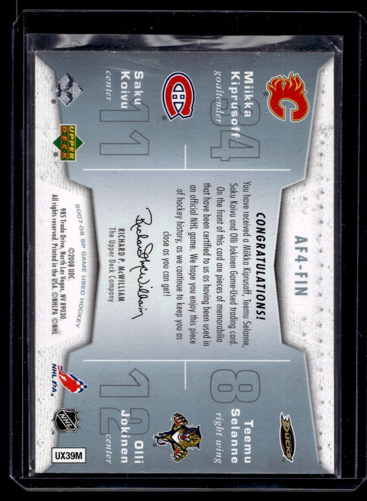 2007-08 Upper Deck SP Game Used Edition - Authentic Fabrics Quad - Miikka Kiprusoff / Teemu Selanne / Saku Koivu / Olli Jokinen #AF4-FIN /10