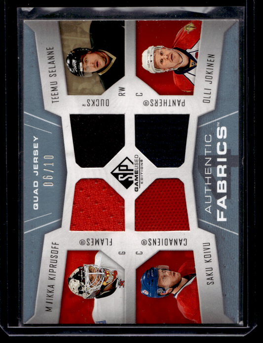 2007-08 Upper Deck SP Game Used Edition - Authentic Fabrics Quad - Miikka Kiprusoff / Teemu Selanne / Saku Koivu / Olli Jokinen #AF4-FIN /10