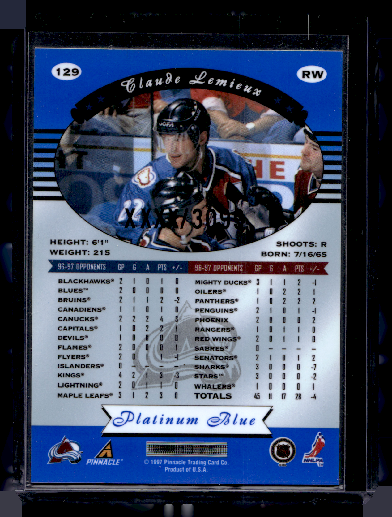 1997-98 Pinnacle Totally Certified - Executive Master Set - Platinum Blue - Claude Lemieux #129 XXXX/3099