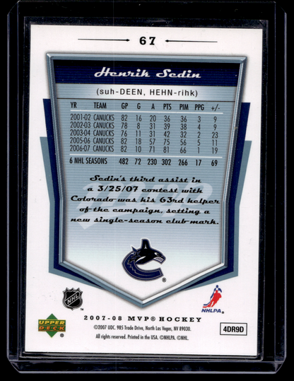 2007-08 Upper Deck MVP  - Super Scripts - Henrik Sedin #67 /25