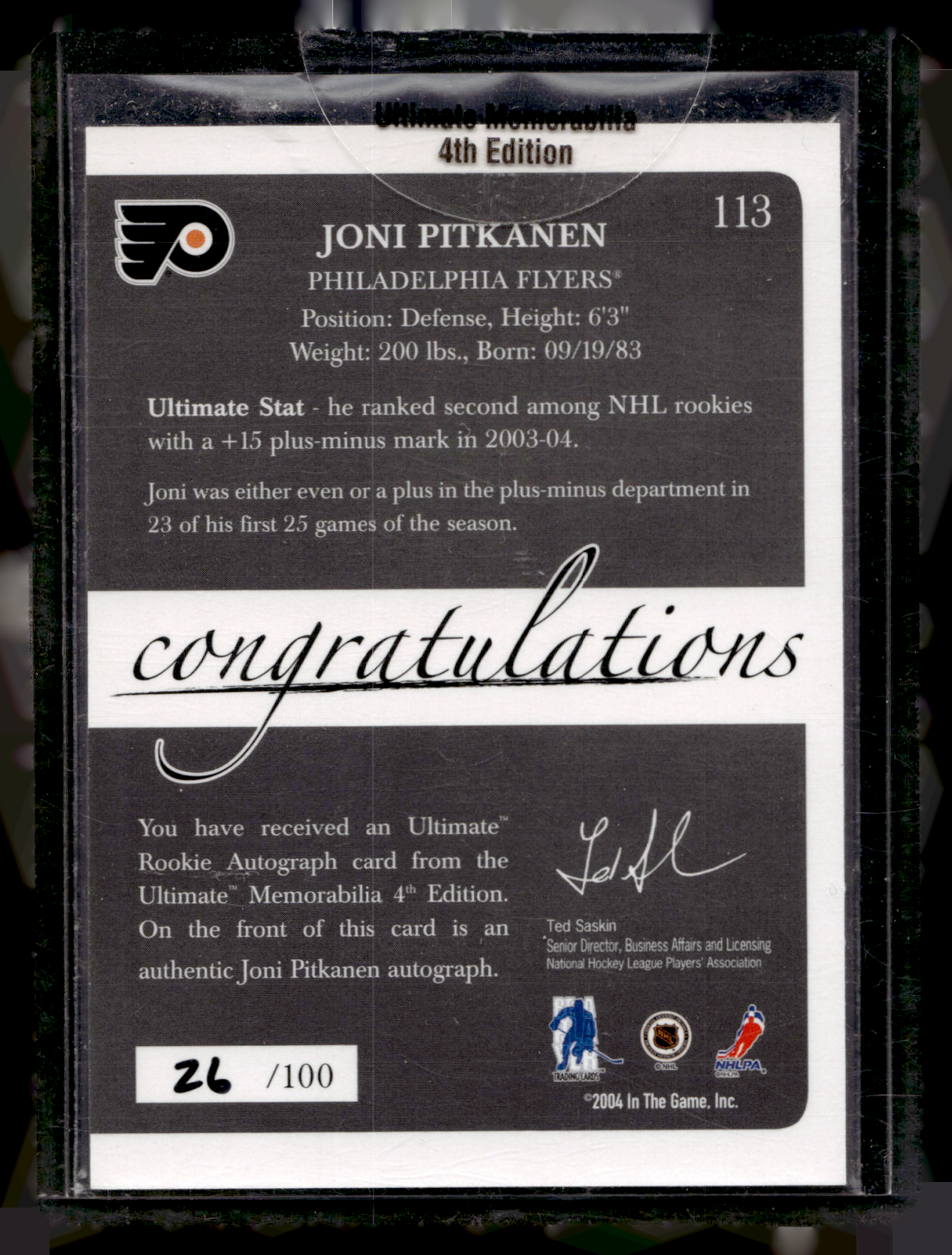 2003-04 In the Game Ultimate Memorabilia 4th Edition - Joni Pitkanen #113 /100 RY