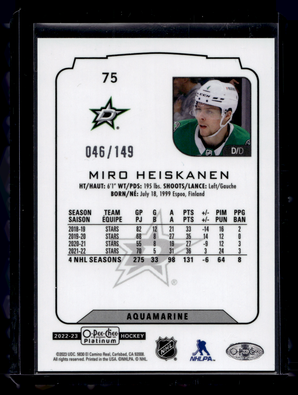 2022-23 Upper Deck OPC Platinum - Aquamarine - Miro Heiskanen #75 /149