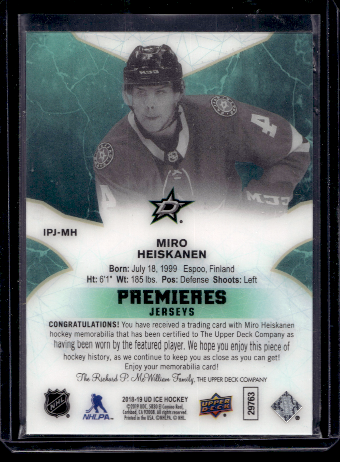 2018-19 Upper Deck Ice - Ice Premieres Jerseys - Miro Heiskanen #IPJ-MH RY