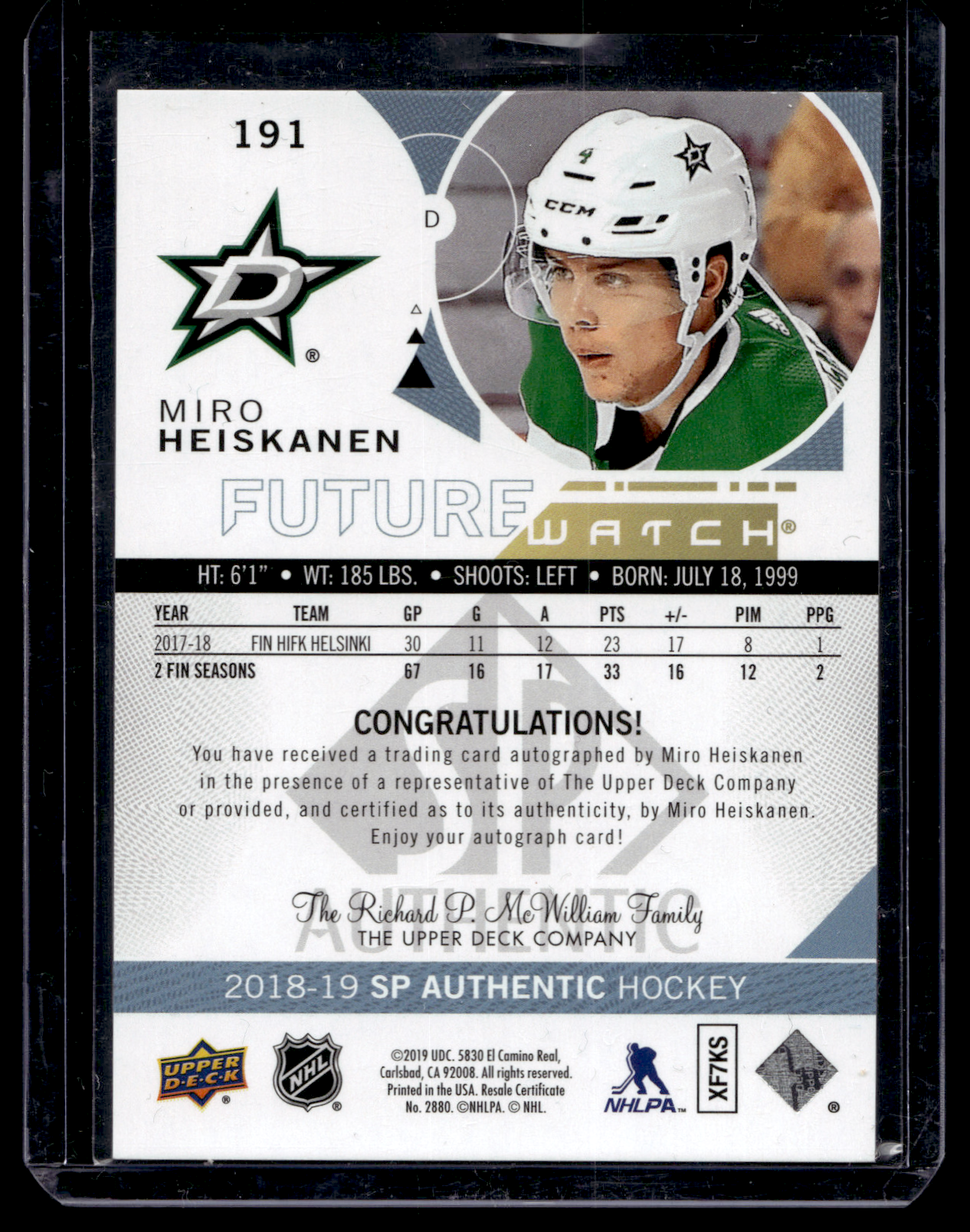 2018-19 Upper Deck SP Authentic Future Watch - Miro Heiskanen #191 /999 RC