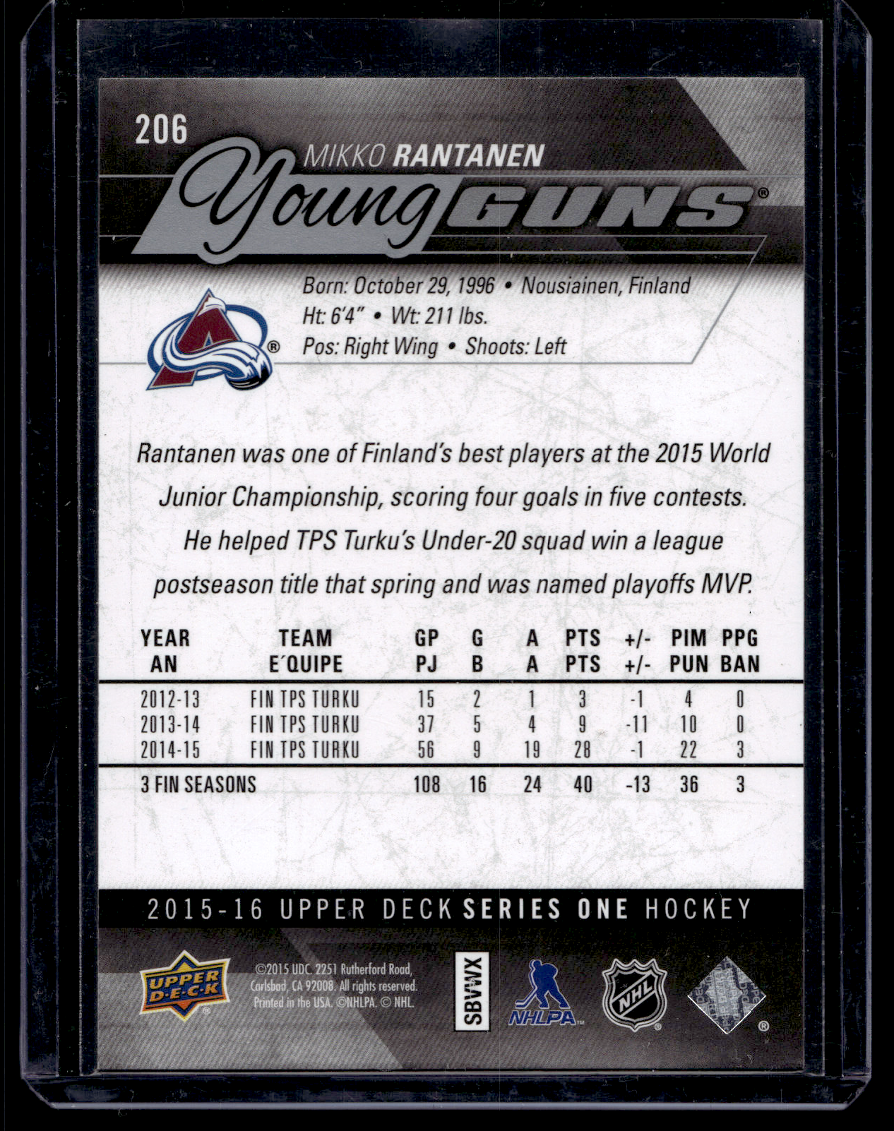 2015-16 Upper Deck Young Guns - Mikko Rantanen #206 RC