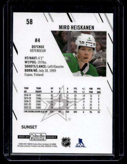 2023-24 Upper Deck OPC Platinum - Sunset - Miro Heiskanen #58
