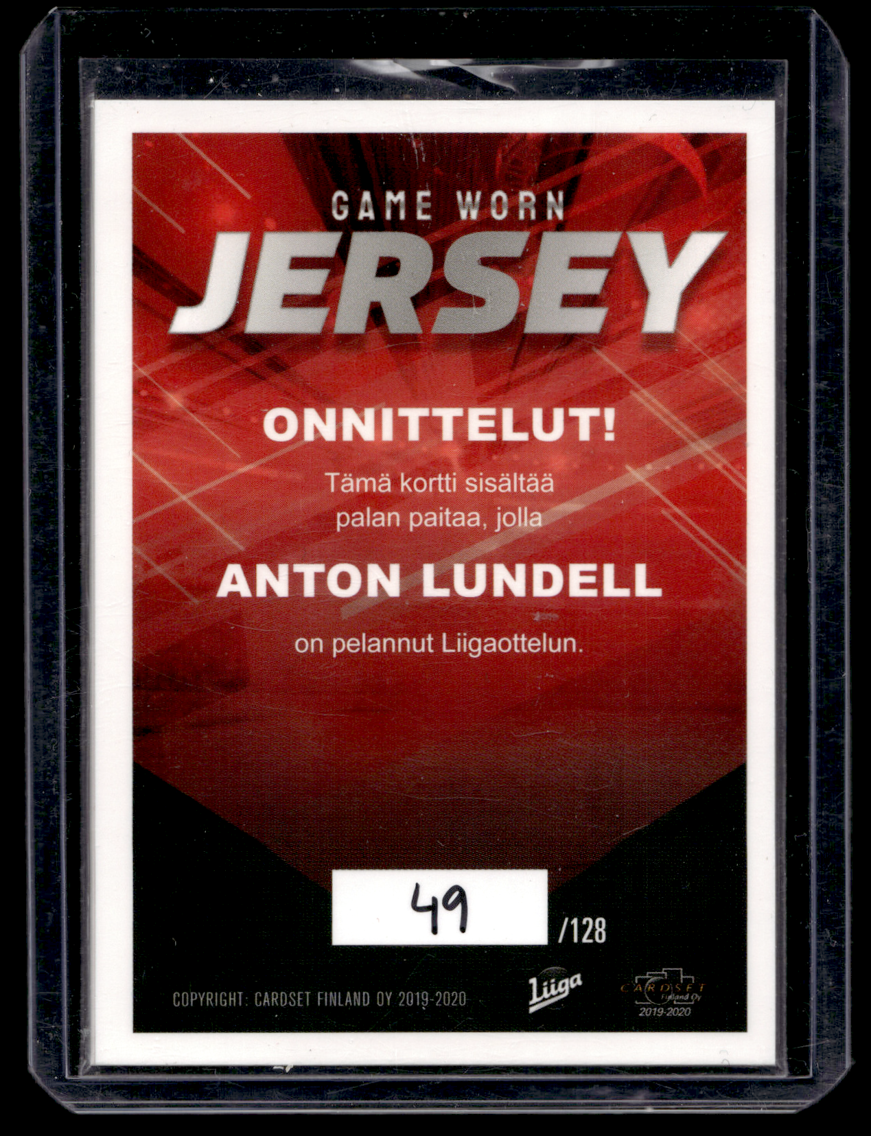 2019-20 Cardset - Game Worn Jersey - Anton Lundell /128