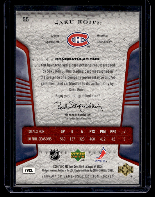 2006-07 Upper Deck SP Game Used Edition - Autographs - Saku Koivu #55 /10