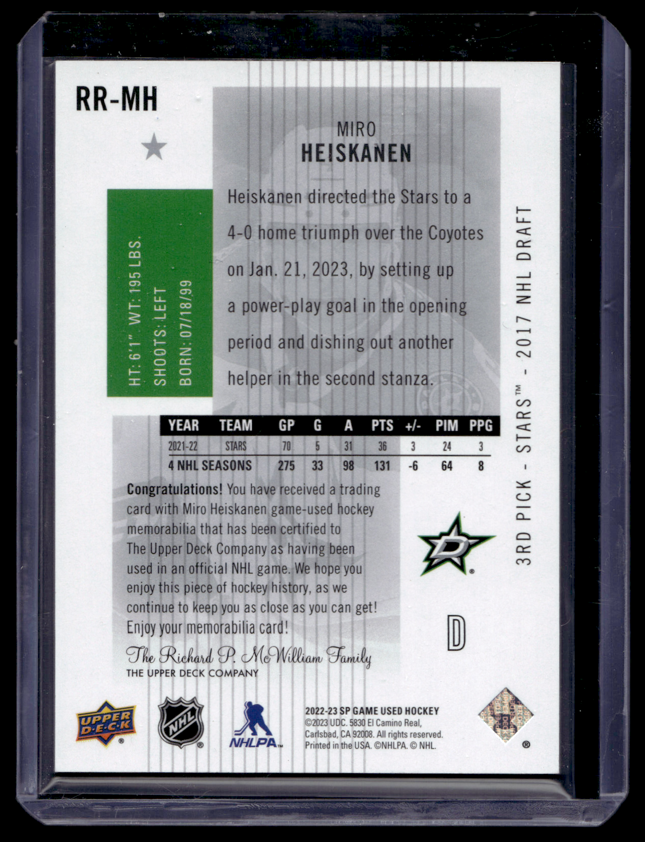 2022-23 Upper Deck SP Game Used - Retro Renovations - Jersey - Miro Heiskanen #RR-MH