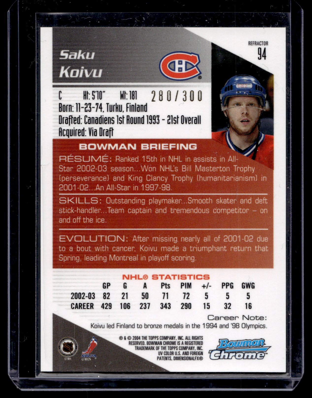 2003-04 Bowman Chrome Draft Picks &amp; Prospects - X-Fractor - Saku Koivu #94 /150