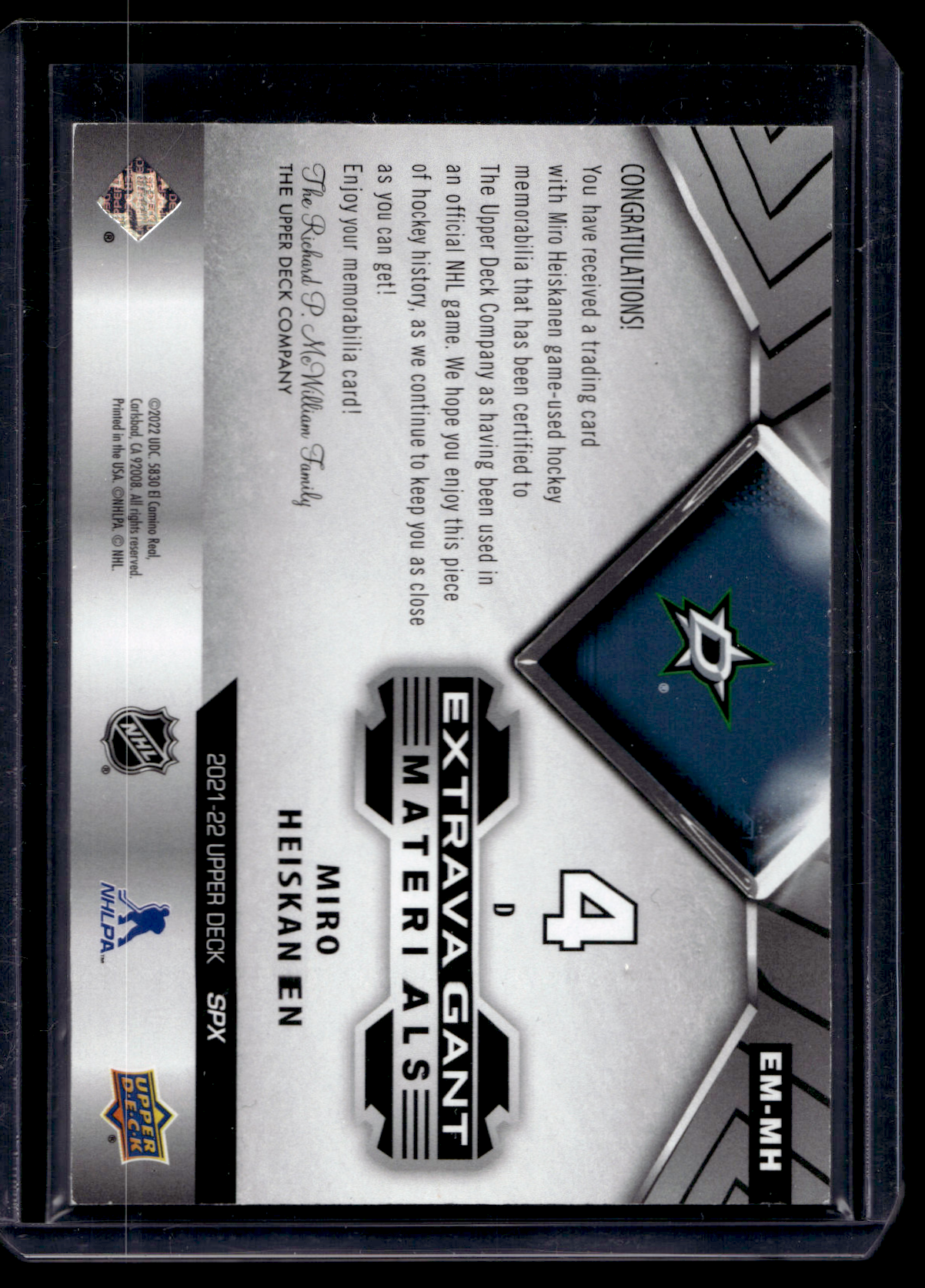 2021-22 Upper Deck SPx - Extravagant Materials - Miro Heiskanen #EM-MH