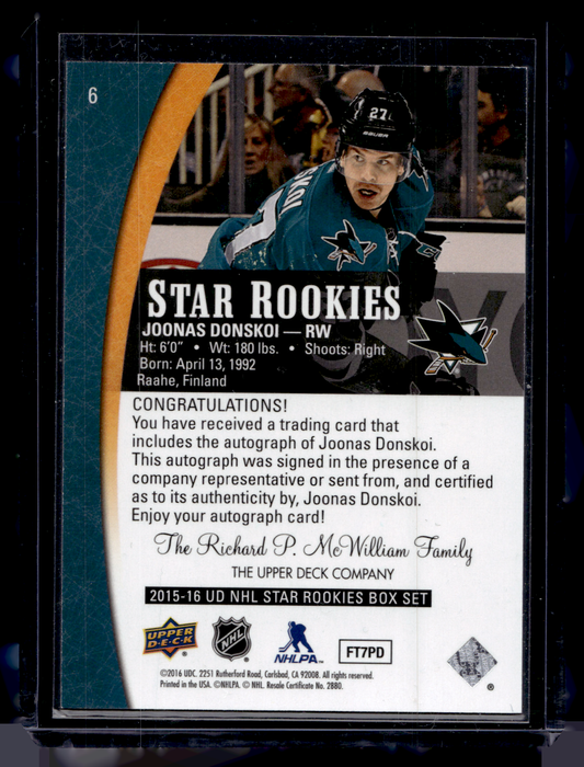2015-16 Upper Deck Star Rookies - Box Set - Autographs - Joonas Donskoi #6 RC