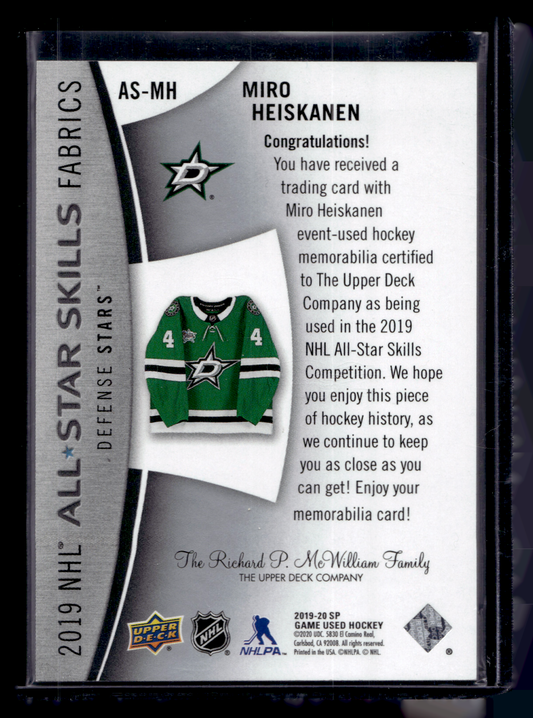 2019-20 Upper Deck SP Game Used - 2019 All-Star Skills Fabrics - Miro Heiskanen #AS-MH