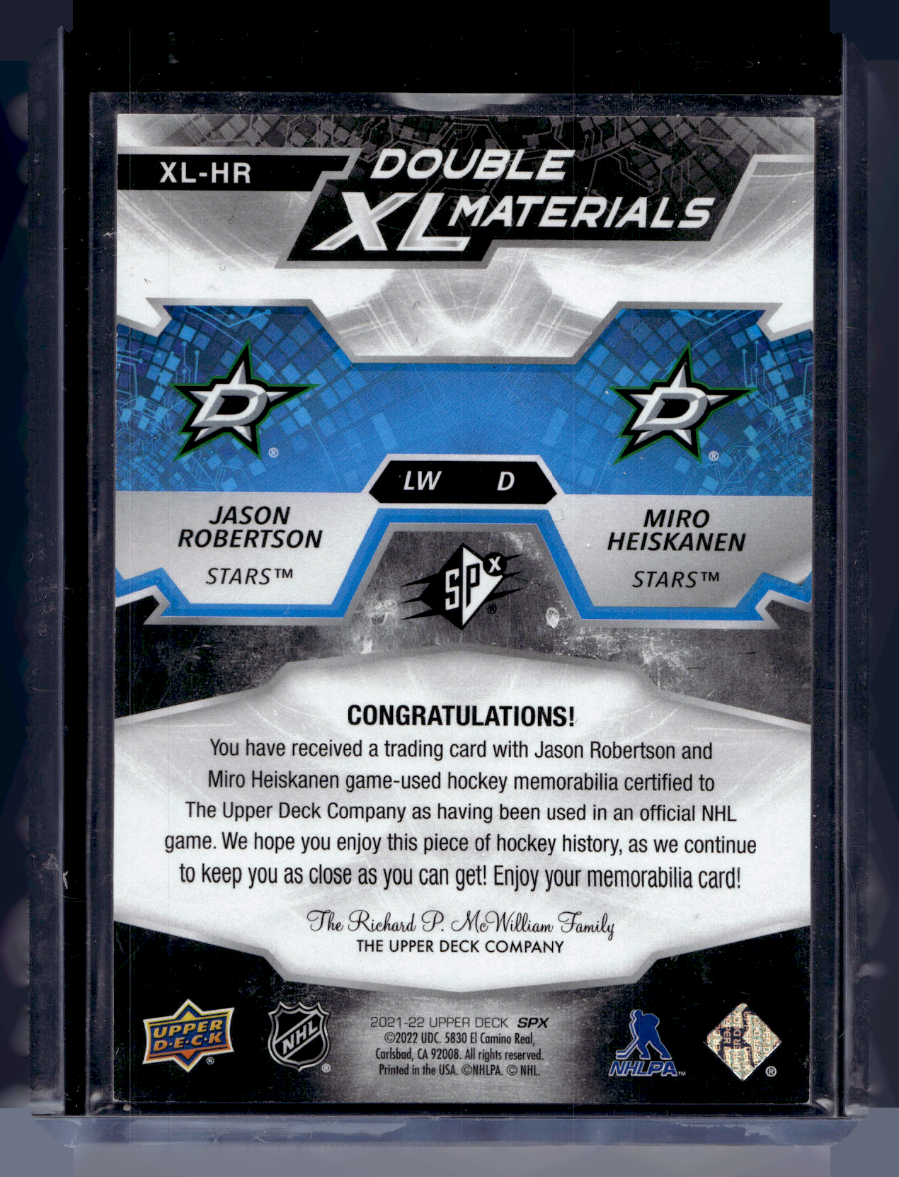 2021-22 Upper Deck SPx - Double XL Duos Materials - Jason Robertson / Miro Heiskanen #XL-HR /99