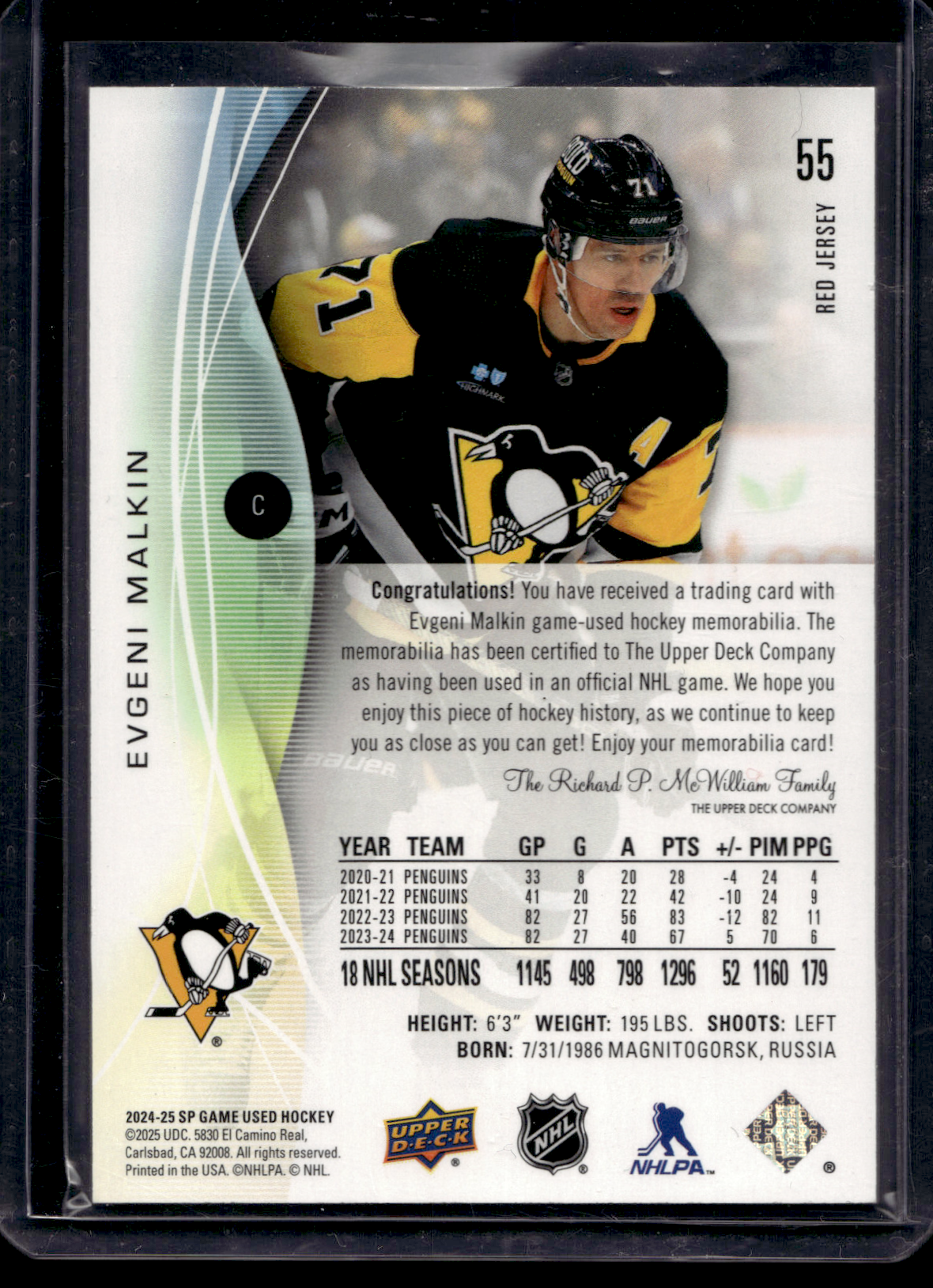2024-25 Upper Deck SP Game Used - Red Jersey - Evgeni Malkin #55