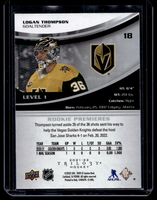 2021-22 Upper Deck Extended Series - Trilogy Rookies - Common - Logan Thompson #18 /999 RY