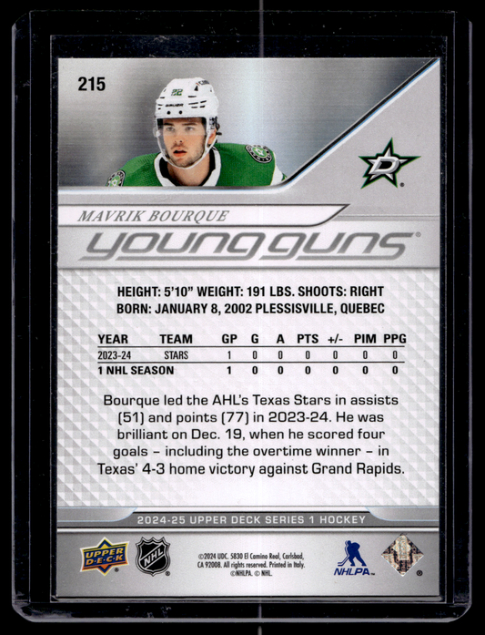 2024-25 Upper Deck Series 1 - Young Guns - Mavrik Bourque #215 RC