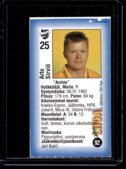 1992-93 JyväsHyvä HockeyLiiga - Arto Sirviö #92