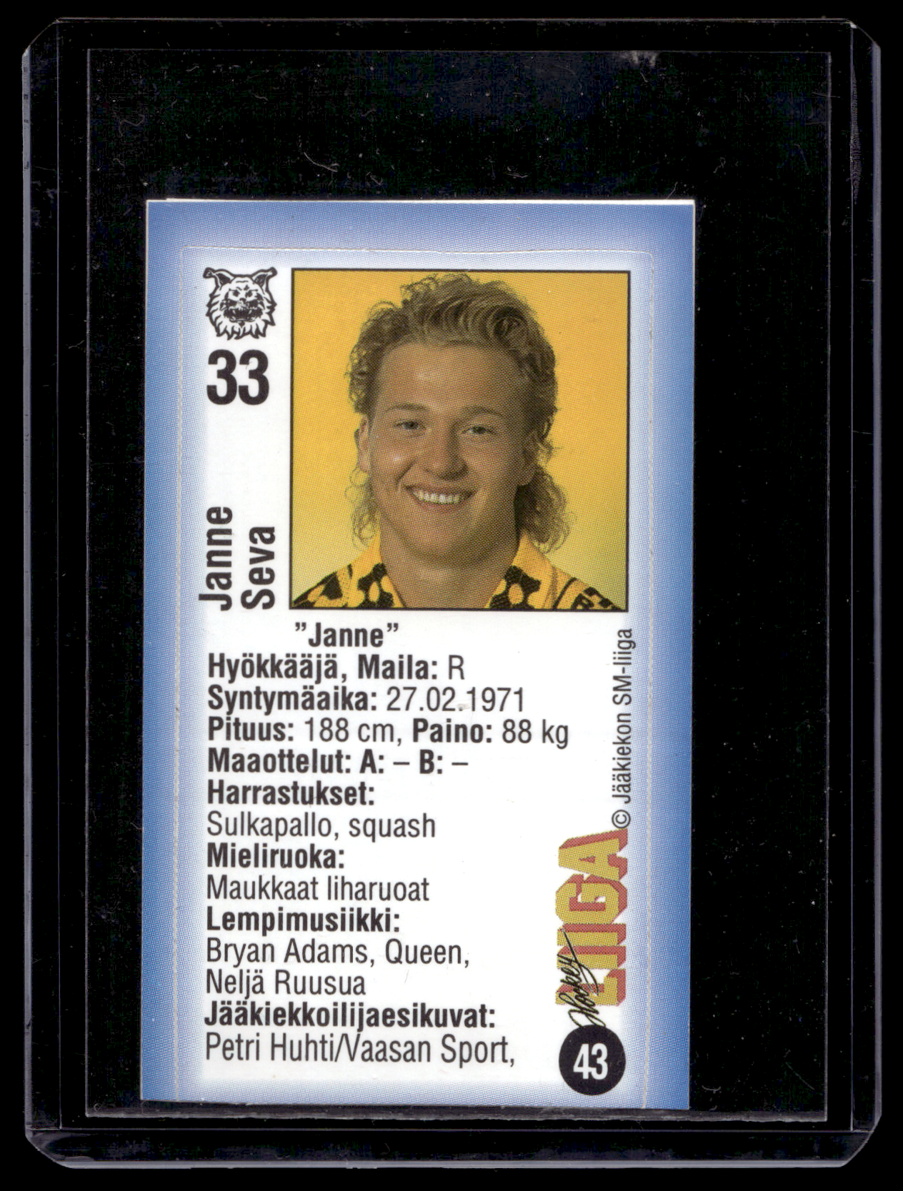 1992-93 JyväsHyvä HockeyLiiga - Janne Seva #43