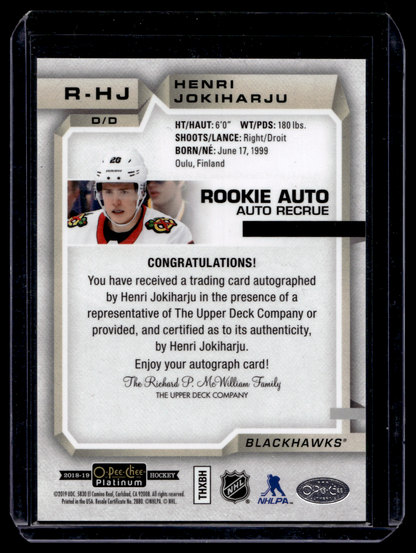 2018-19 Upper Deck OPC Platinum - Rookie Autos -  Henri Jokiharju #R-HJ RY