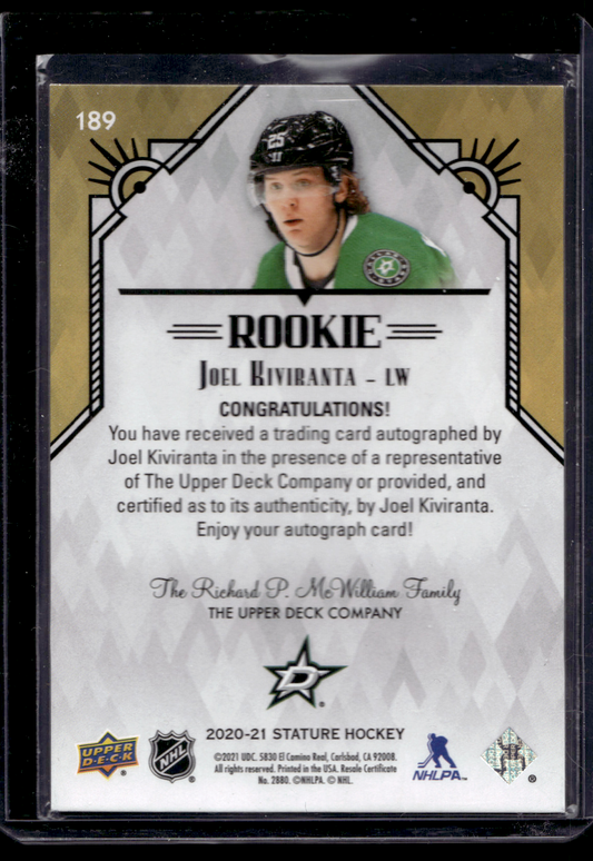 2020-21 Upper Deck Stature - Autographs - Rookies - Joel Kiviranta #189 /199 RC