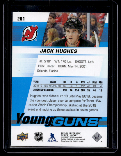 2019-20 Upper Deck - Young Guns - Jack Hughes #201 RC