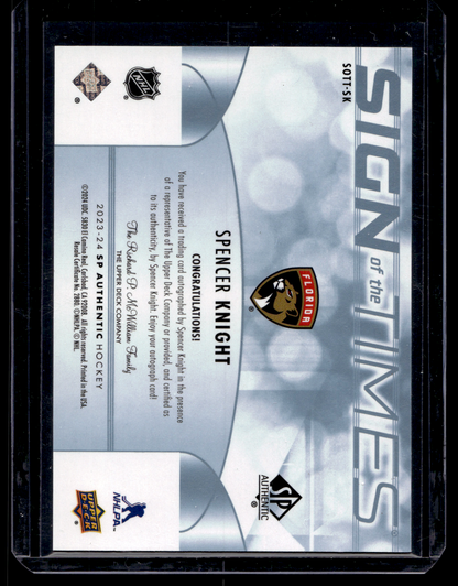 2023-24 Upper Deck SP Authentic - Sign of the Times - Spencer Knight #SOTT-SK
